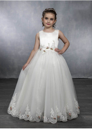 Ivory Satin Tulle Eyelash Lace Trim Flower Girl Dress With Decorated Buttons